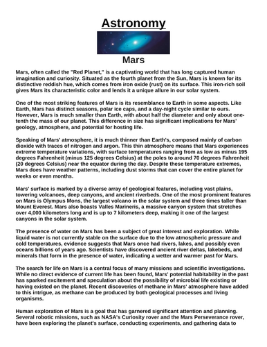 Mars “Article & Questions” Assignment