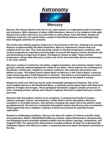 Planet Mercury “Article & Questions” Assignment