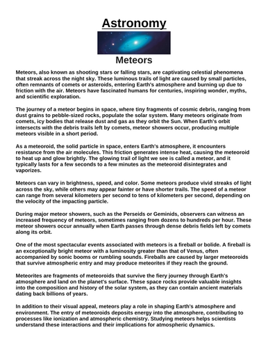 Meteors “Article & Questions” Assignment