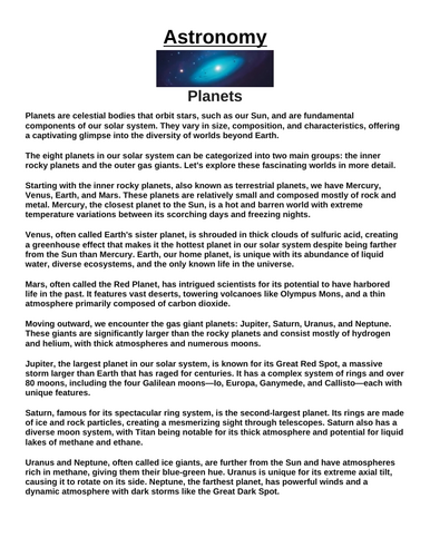 Planets “Article & Questions” Assignment