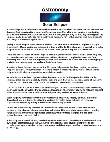 Solar Eclipse “Article & Questions” Assignment
