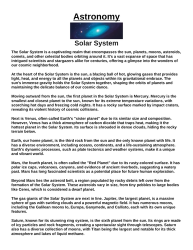 Solar System “Article & Questions” Assignment