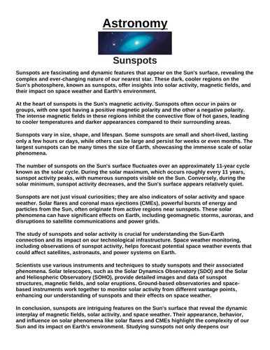 Sunspots “Article & Questions” Assignment