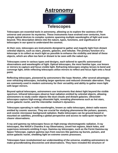 Telescopes “Article & Questions” Assignment