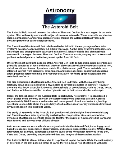 The Asteroid Belt “Article & Questions” Assignment