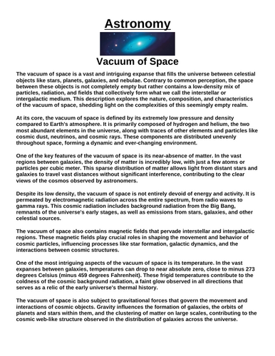 Vacuum of Space “Article & Questions” Assignment