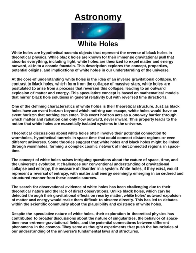 White Holes “Article & Questions” Assignment