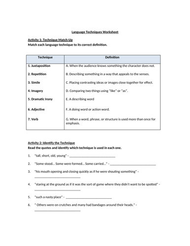 Boy in the Striped Pajamas - Language Techniques Worksheet Chapter 4