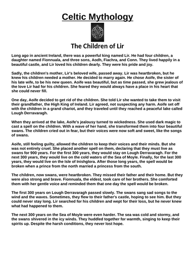 Celtic Myth: The Children of Lir “Article & Questions” Assignment