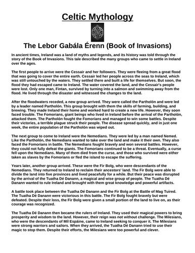 Celtic Myth: The Lebor Gabála Érenn (Book of Invasions) “Article & Questions” Assignment
