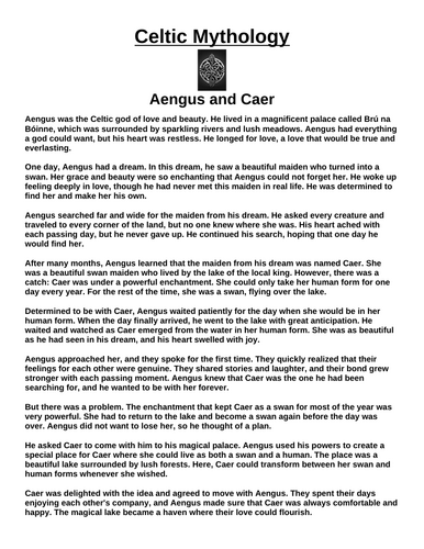 Celtic Myth: The Story of Aengus and Caer “Article & Questions” Assignment