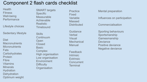 GCSE PE - Component 2: Health & Performance FLASH CARD CHECKLIST
