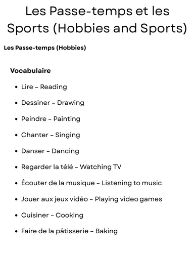Les Passe-temps et les Sports - Hobbies and Sport in French