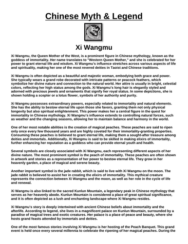 Chinese Mythology: Xi Wangmu “Article & Questions” Assignment