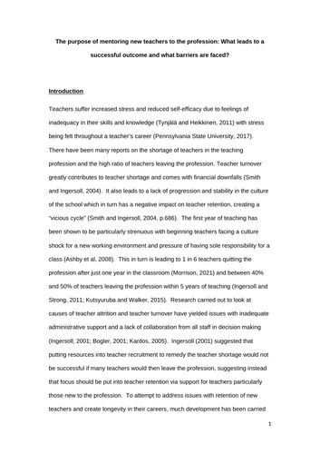 Essay for MA Education - Mentoring in Education - The purpose of mentoring new teachers