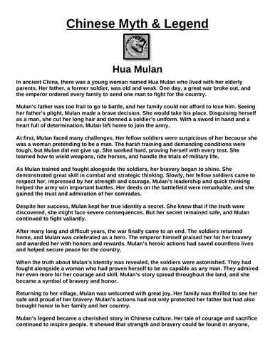 Chinese Myth: Hua Mulan “Article & Questions” Assignment