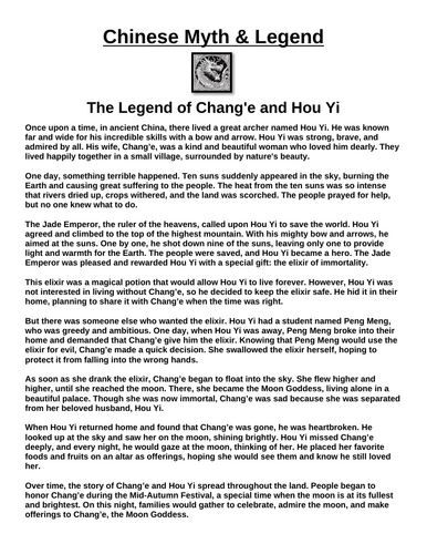 Chinese Myth: The Legend of Chang'e and Hou Yi “Article & Questions” Assignment
