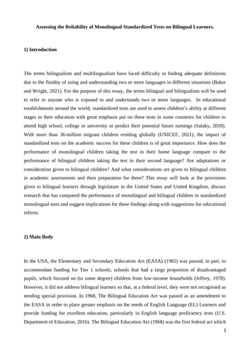 Essay for MA Education - Assessing the reliability of monolingual tests on bilingual learners