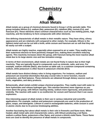 Chemistry: Alkali Metals “Article & Questions” Assignment