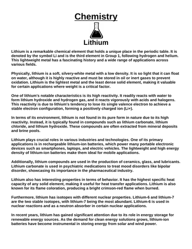 Chemistry: Lithium “Article & Questions” Assignment