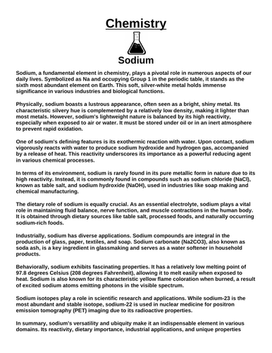 Chemistry: Sodium “Article & Questions” Assignment