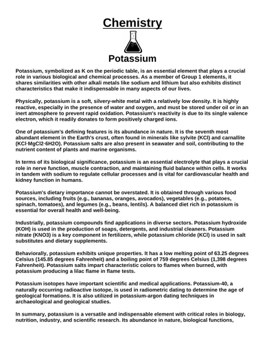 Chemistry: Potassium “Article & Questions” Assignment