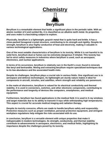 Chemistry: Beryllium “Article & Questions” Assignment
