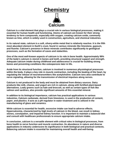 Chemistry: Calcium “Article & Questions” Assignment