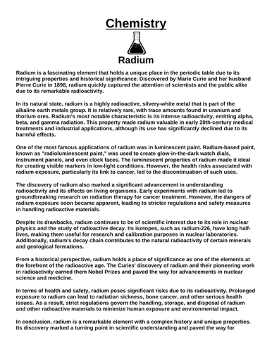 Chemistry: Radium “Article & Questions” Assignment