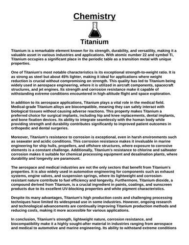 Chemistry: Titanium “Article & Questions” Assignment