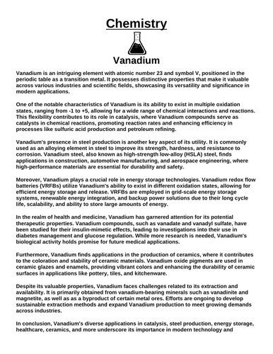 Chemistry: Vanadium “Article & Questions” Assignment