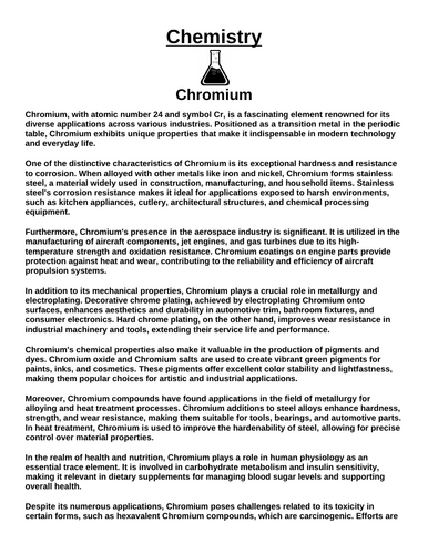 Chemistry: Chromium “Article & Questions” Assignment
