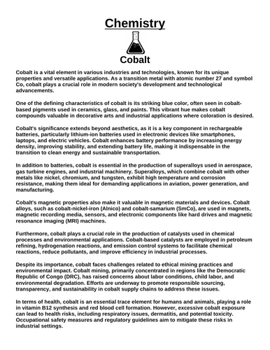 Chemistry: Cobalt “Article & Questions” Assignment