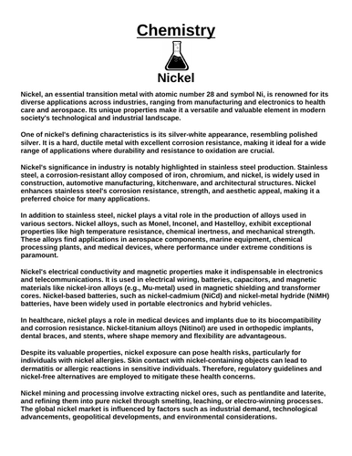 Chemistry: Nickel “Article & Questions” Assignment