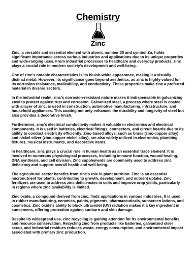 Chemistry: Zinc “Article & Questions” Assignment