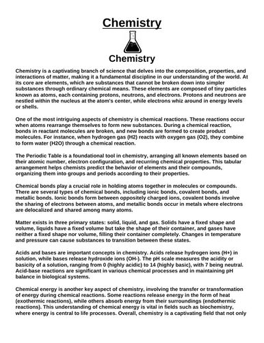 Chemistry: Overview “Article & Questions” Assignment