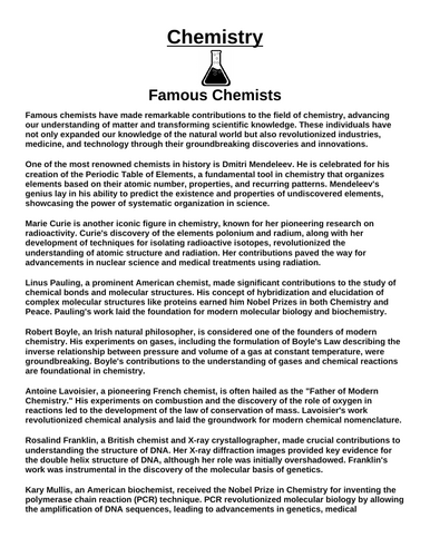 Chemistry: Famous Chemists “Article & Questions” Assignment