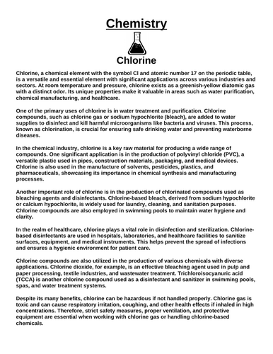 Chemistry: Chlorine “Article & Questions” Assignment