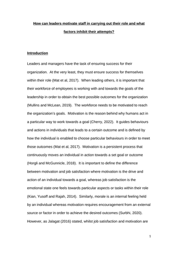 Essay for MA Education - How can leaders motivate staff and what factors inhibit their efforts