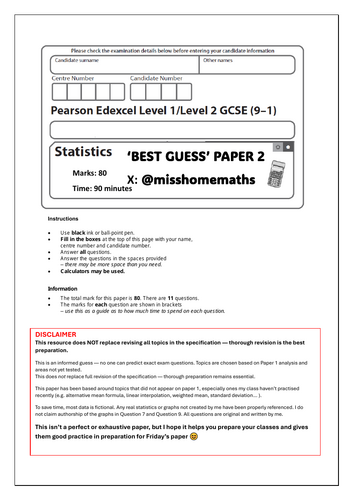 2025 GCSE Edexcel Statistics Best Guess Paper 2H + Model Solutions