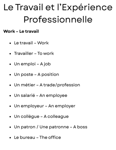 Le Travail et l’Expérience Professionnelle - work & work experience in French