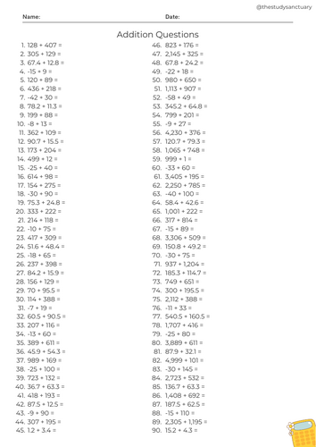 Addition and Subtraction Worksheet