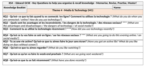French GCSE Edexcel New Spec (first exam 2026) Theme 4 – Media & Technology Sentence builders