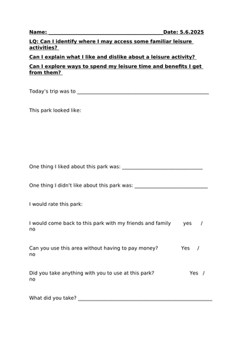 Leisure activity sheet: Evaluation of trip to local park