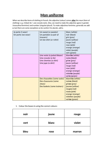 Mon uniforme - KS3 worksheet