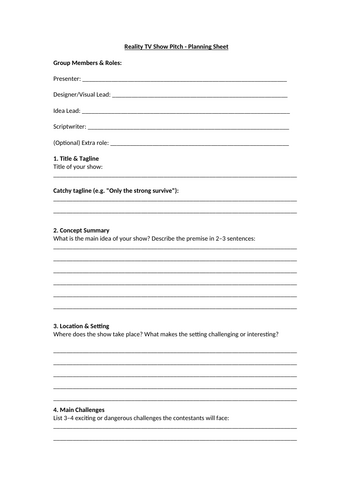 Reality TV Show Pitch Worksheet