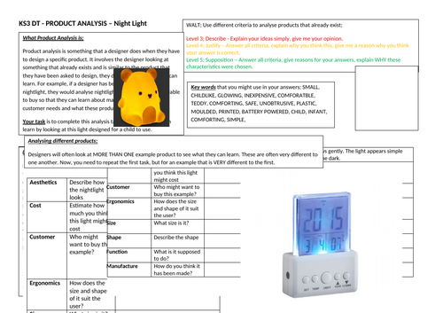 KS3 DT - Product Analysis; nightlight