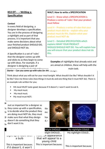 KS3 DT - How to write a specification