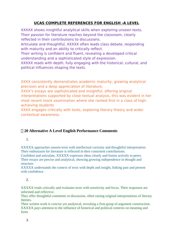 UCAS complete references/comments for A-Level English students