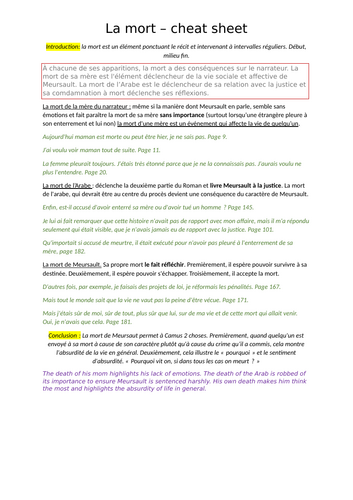 L'Etranger Cheat sheet - La mort